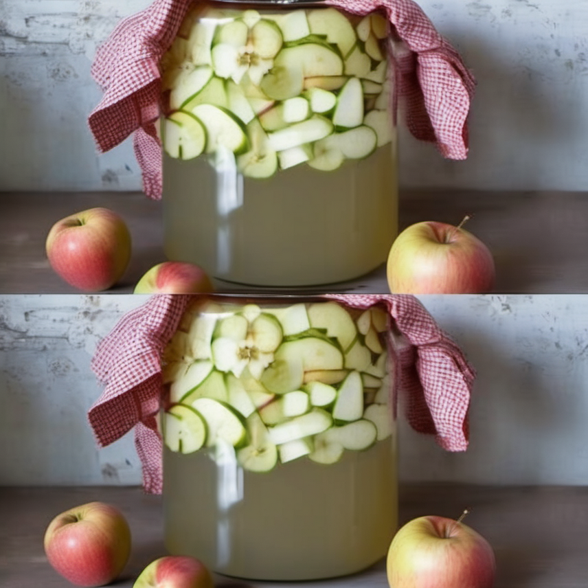 A jar of homemade apple cider vinegar with sliced apples submerged in the liquid, placed on a rustic kitchen table.
