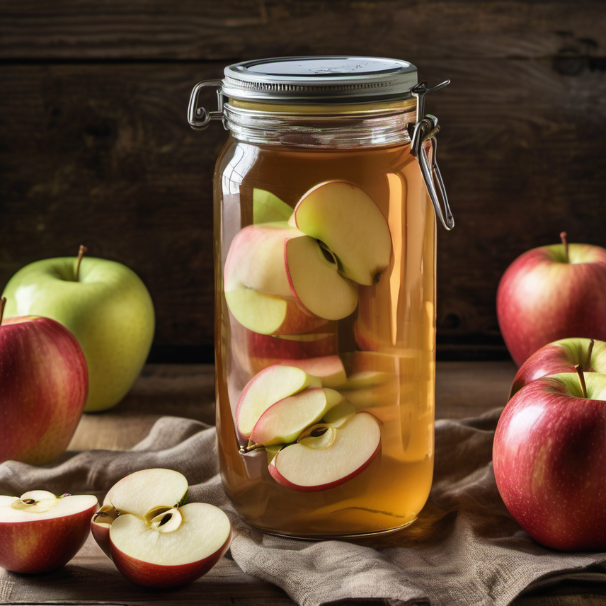 A jar of homemade apple cider vinegar with sliced apples submerged in the liquid, placed on a rustic kitchen table.