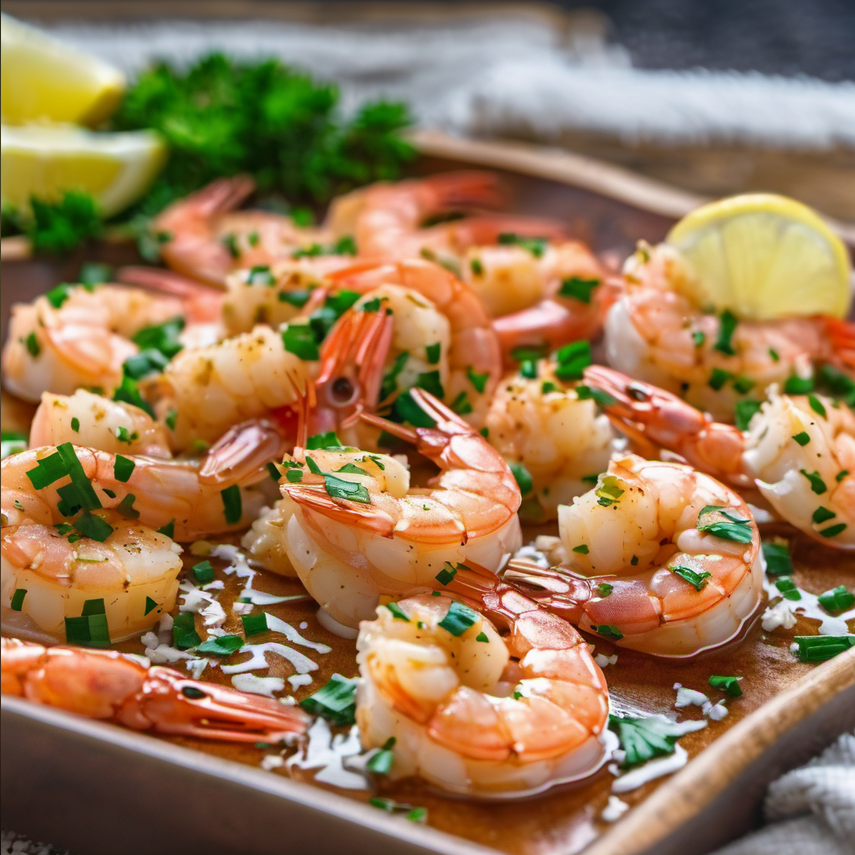 Close-up of succulent garlic parmesan shrimp on a baking sheet, garnished with fresh parsley and lemon slices, highlighting the rich, golden sauce.