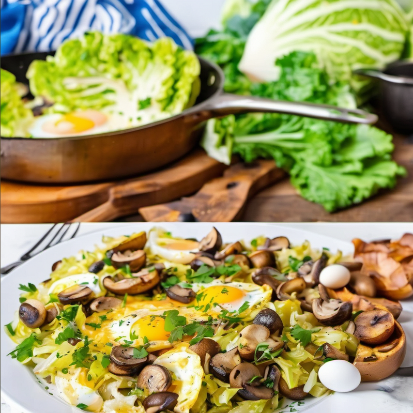 Delicious Egg, Cabbage, and Mushroom Skillet – a vibrant skillet dish with golden-brown mushrooms, bright green cabbage, and perfectly cooked eggs garnished with fresh herbs