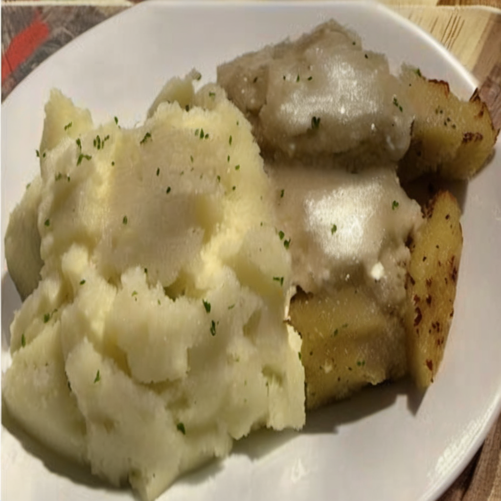 Creamy mashed potatoes made with chicken stock, topped with butter and herbs.