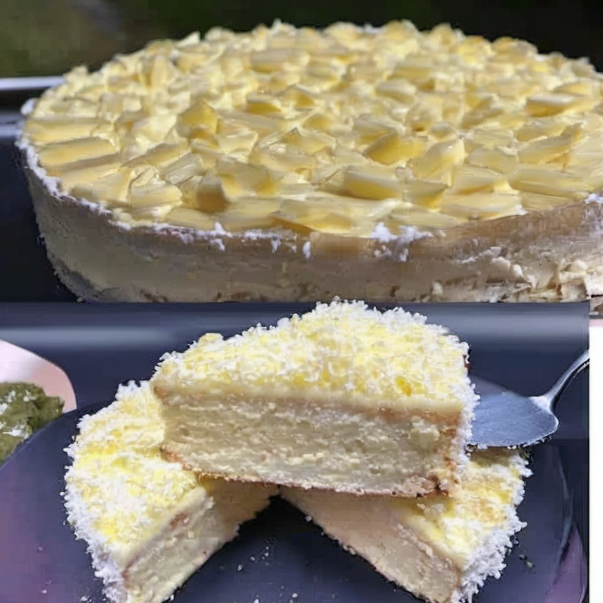 Delicious 5-Minute Lemon Cream Cheese Cake with a Golden Crust, Freshly Sliced and Ready to Serve" Enjoy every delightful bite of this easy and tasty cake!