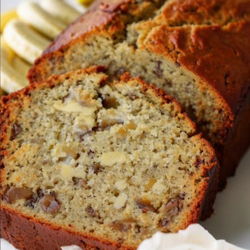 A delicious slice of moist banana bread, showcasing its rich texture and inviting aroma