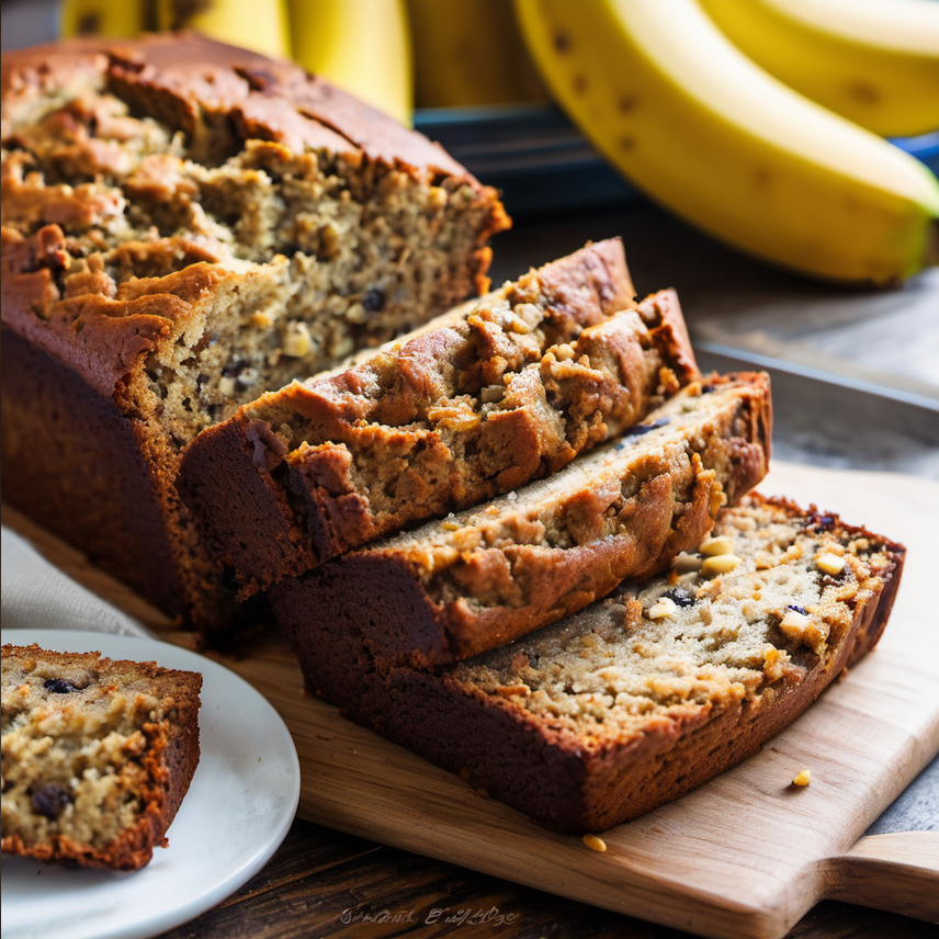 A delicious slice of moist banana bread, showcasing its rich texture and inviting aroma