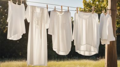 Bright white clothes hanging on a clothesline under the sun, showcasing their renewed brilliance without the use of bleach
