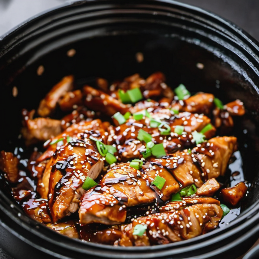 A plate of juicy slow cooker teriyaki chicken garnished with green onions, served with steamed vegetables and warm rice.
