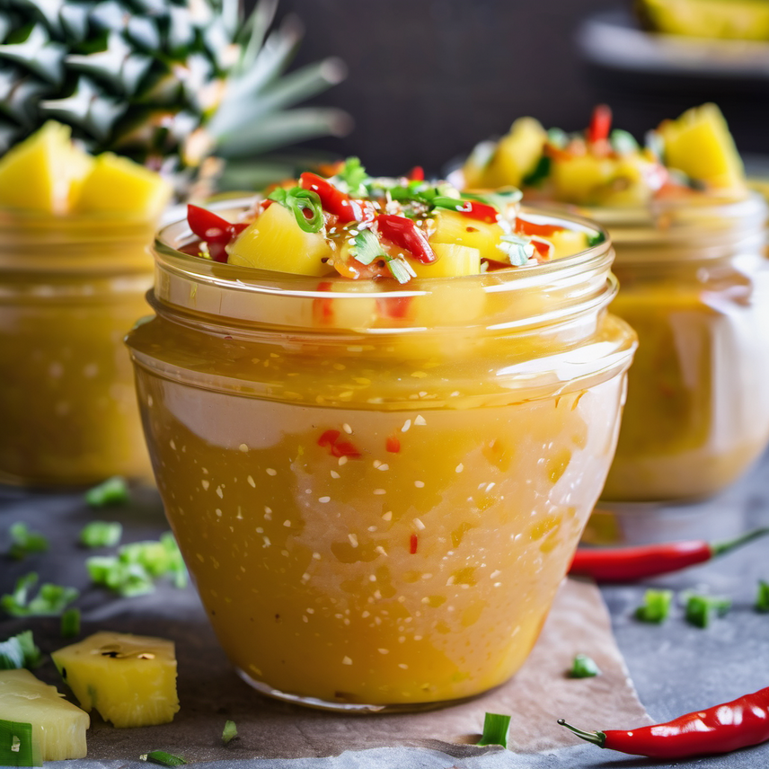 Sweet Chili Pineapple Sauce in a bowl, garnished with fresh pineapple slices and chili flakes, ready to enhance your summer meals