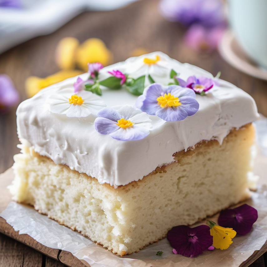Light and fluffy white snack cake with rich, buttery frosting, garnished with edible flowers and served on a rustic wooden table