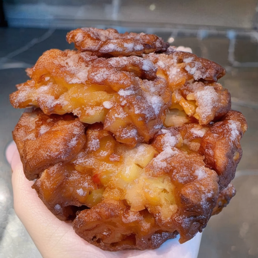 Freshly made apple fritters glazed with a sweet vanilla icing, perfect for a nostalgic treat
