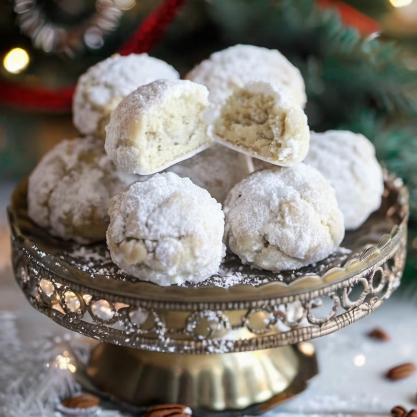 Delicious buttery pecan snowball cookies coated in powdered sugar, perfect for holiday treats