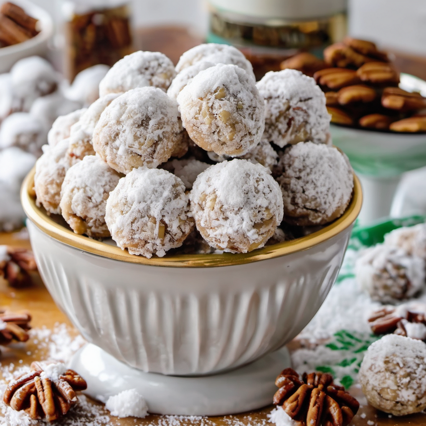 Delicious buttery pecan snowball cookies coated in powdered sugar, perfect for holiday treats