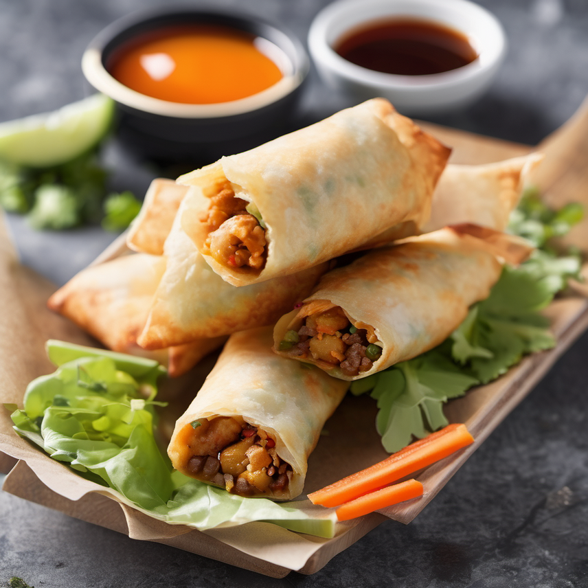 Delicious homemade egg rolls served on a plate with sesame seeds sprinkled on top, ready to enjoy with a dipping sauce
