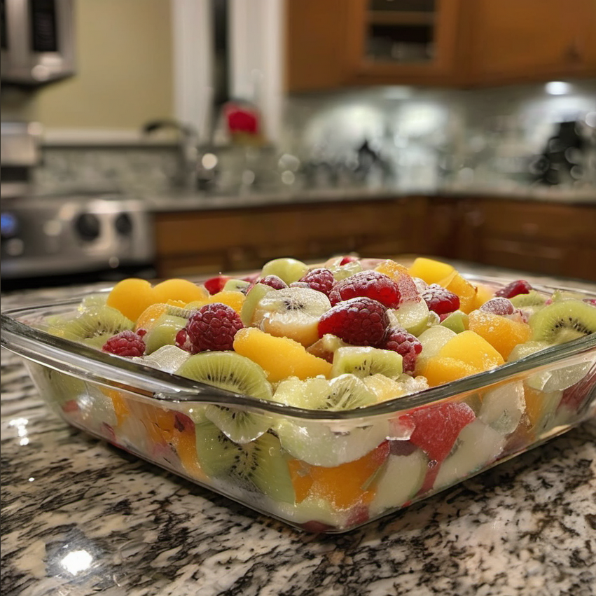 Delicious frozen fruit salad with a creamy base and colorful fruit pieces, served in a stylish dish
