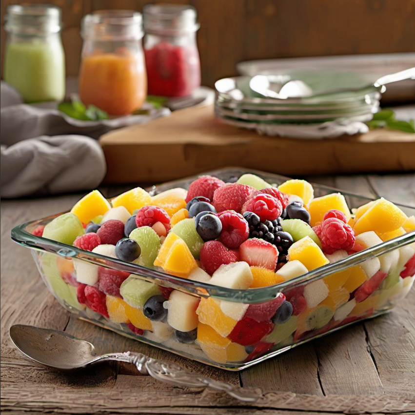 Delicious frozen fruit salad with a creamy base and colorful fruit pieces, served in a stylish dish