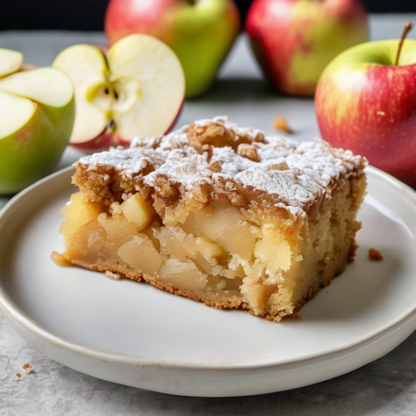 A delicious apple cake slice on a plate, showcasing the moist texture and apple chunks, perfect for a cozy dessert