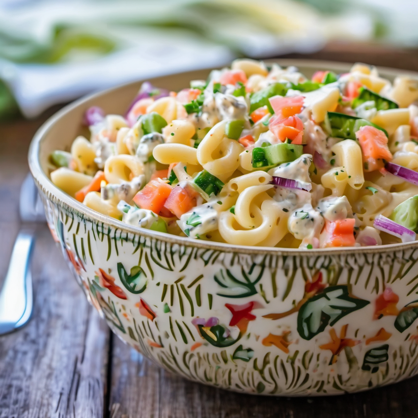 A delicious bowl of Hawaiian macaroni salad with elbow pasta, chopped vegetables, and creamy dressing