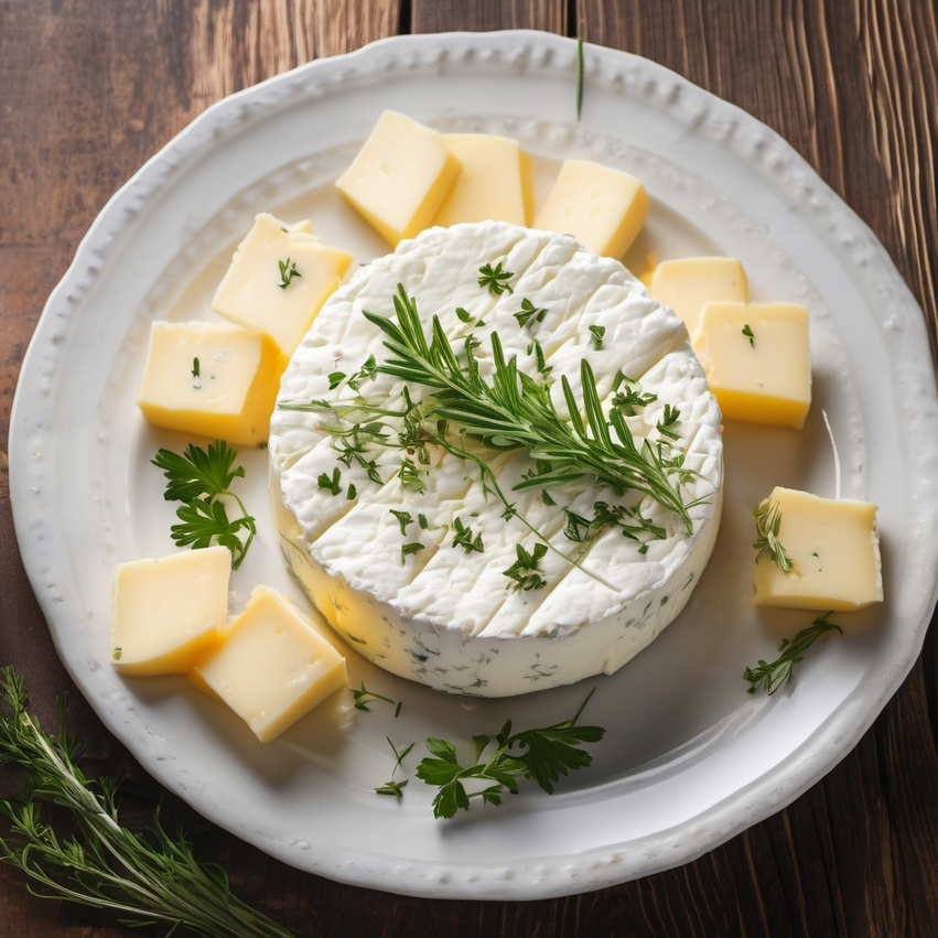 Homemade Cheese: A plate of fresh homemade cheese garnished with herbs, showcasing its creamy texture.