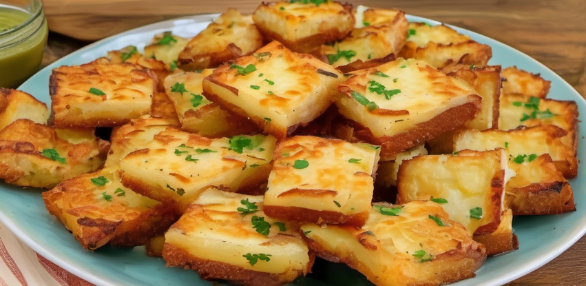late filled with crispy golden brown potato squares garnished with fresh parsley, accompanied by a small bowl of dipping sauce.