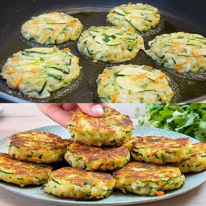 Golden brown and crispy Potato and Zucchini Patties served with a side of yogurt dipping sauce