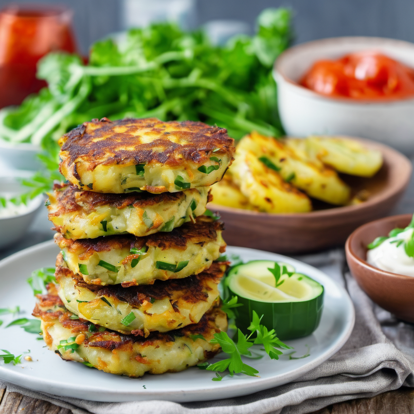 Golden brown and crispy Potato and Zucchini Patties served with a side of yogurt dipping sauce