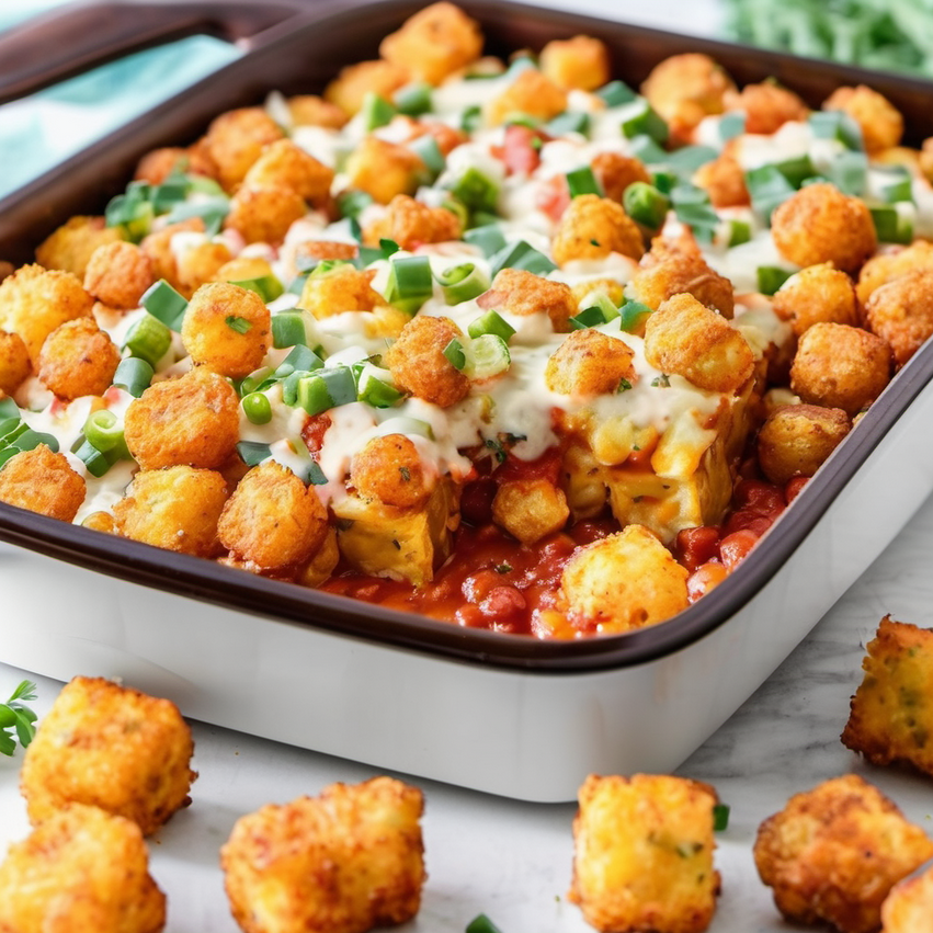 A hearty and delicious Tater Tot breakfast casserole with cheese, sausage, and eggs, baked to golden perfection in a 9x13-inch dish