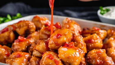 A plate of baked sweet chili chicken bites garnished with green onions and sesame seeds, served over a bed of steamed jasmine rice, with a side of stir-fried vegetables.