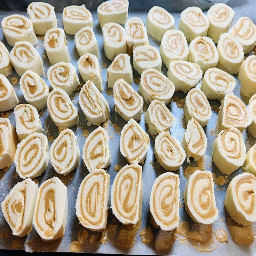 A delicious peanut butter roll sliced into pieces, showing the creamy peanut butter filling swirled inside the smooth, sugary dough.