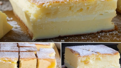 Delicious Magic Custard Cake sliced to reveal its three distinct layers: a dense bottom layer, creamy custard middle, and fluffy top, dusted with powdered sugar
