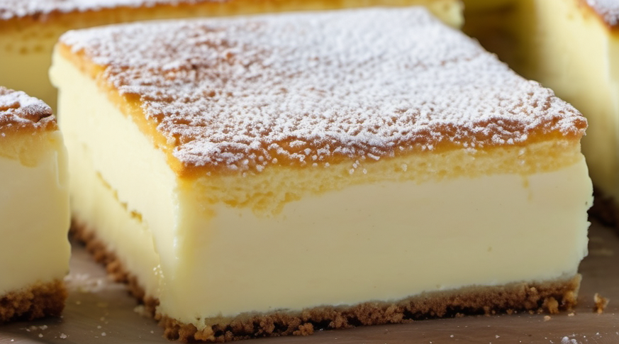 Delicious Magic Custard Cake sliced to reveal its three distinct layers: a dense bottom layer, creamy custard middle, and fluffy top, dusted with powdered sugar