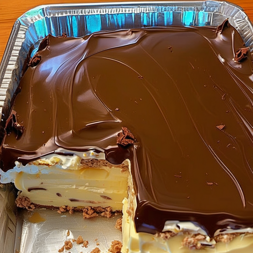 No-Bake Chocolate Eclair Cake sliced into squares, showing the layers of graham crackers, vanilla pudding, and chocolate topping