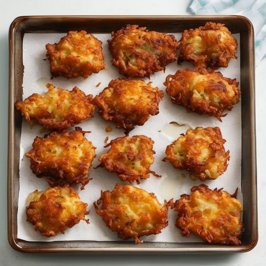 Golden and crispy Amish Onion Fritters served on a plate with a side of dipping sauce.