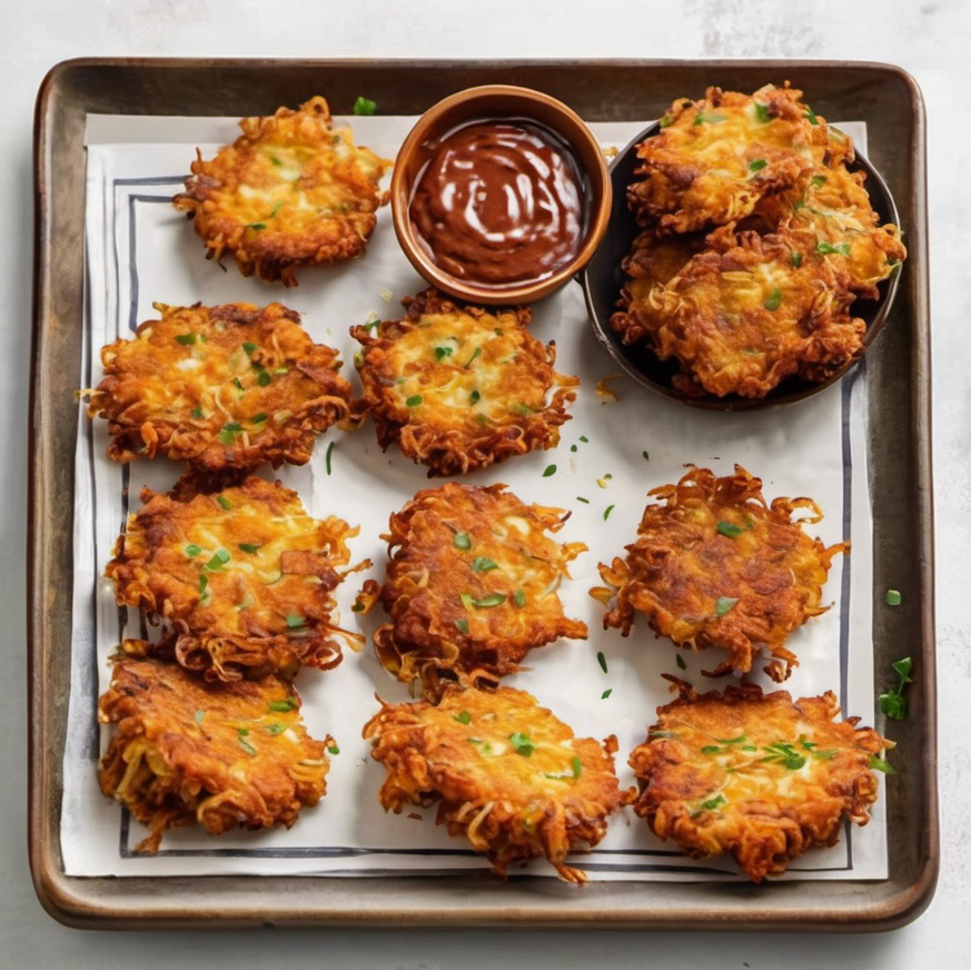 Golden and crispy Amish Onion Fritters served on a plate with a side of dipping sauce.