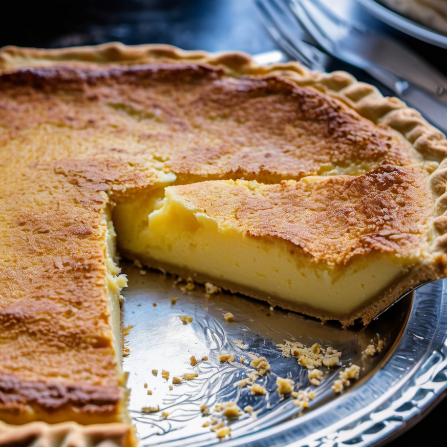 Classic Buttermilk Pie with a golden crust, sliced and ready to be served
