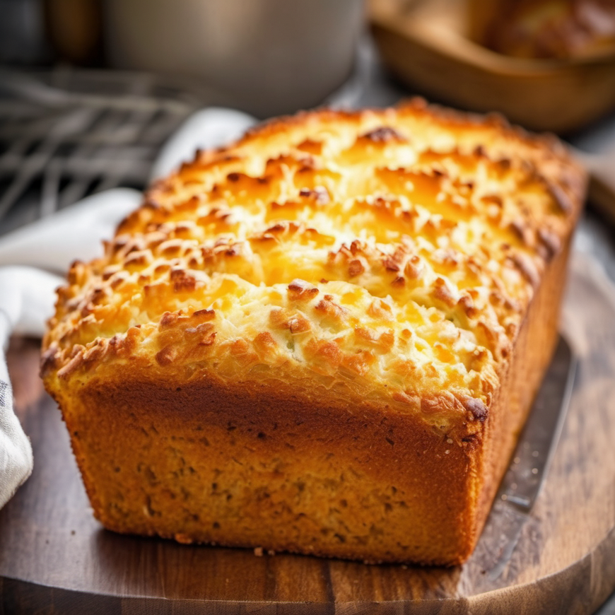 Golden brown cheesy quick bread with a crispy crust, sliced and ready to be served on a wooden board