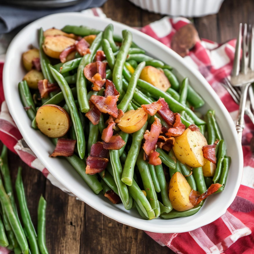 A hearty bowl of Southern Style Green Beans and Red Potatoes, garnished with crispy bacon pieces