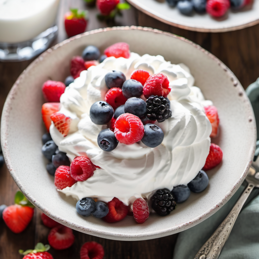 A bowl of fluffy, sugar-free whipped cream made from milk, garnished with fresh berries.