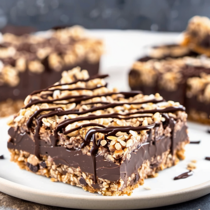 A tray of no-bake chocolate oat bars with a rich, chocolate layer in the middle, topped with a crumbly oat mixture and a drizzle of melted chocolate
