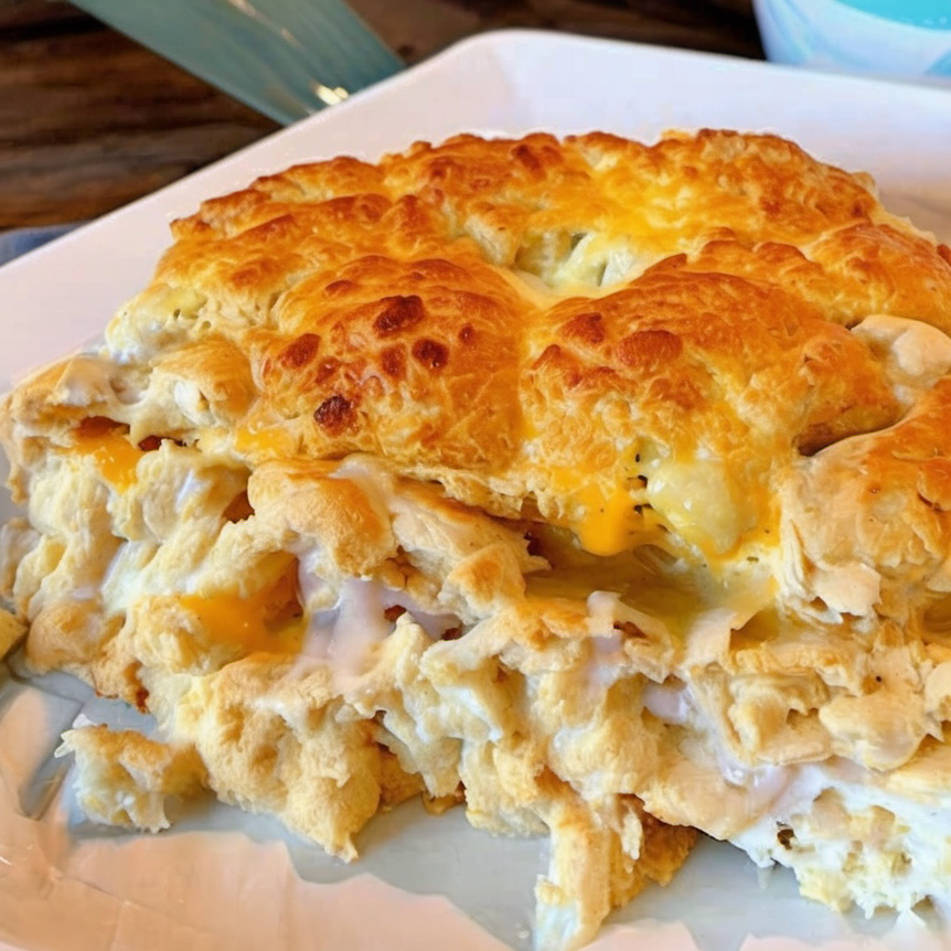A golden, bubbly Chicken Bubble Biscuit Bake fresh out of the oven, topped with melted cheese and crispy biscuits