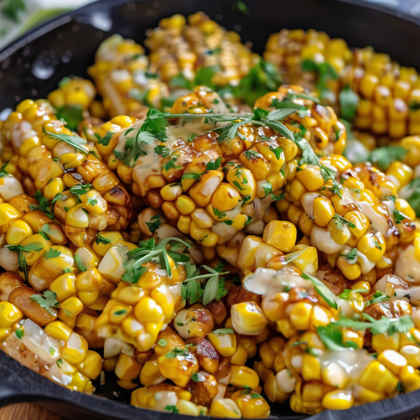 A skillet filled with golden-brown honey butter corn garnished with fresh herbs, showcasing a delightful blend of sweet and savory flavors