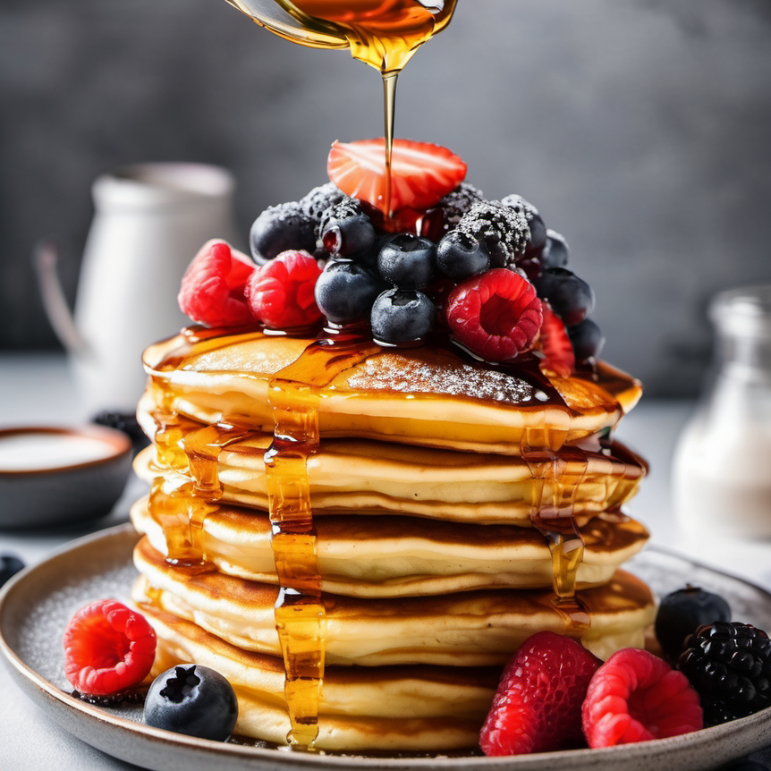 Golden brown, fluffy Japanese pancakes stacked on a plate, topped with fresh berries and a drizzle of maple syrup