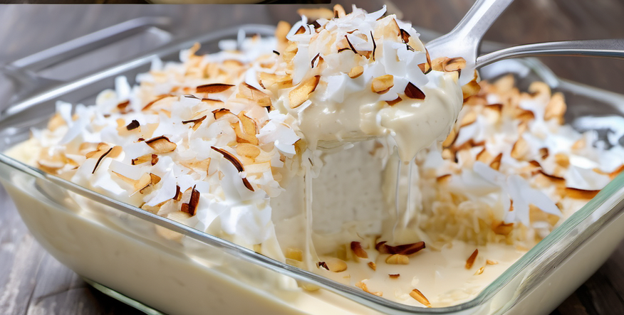 A delicious bowl of coconut pudding topped with toasted coconut flakes, showcasing a creamy texture and inviting presentation