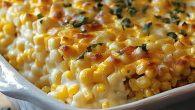 A golden-brown baked dish of creamy macaroni and corn, garnished with fresh chopped chives, ready to be served hot