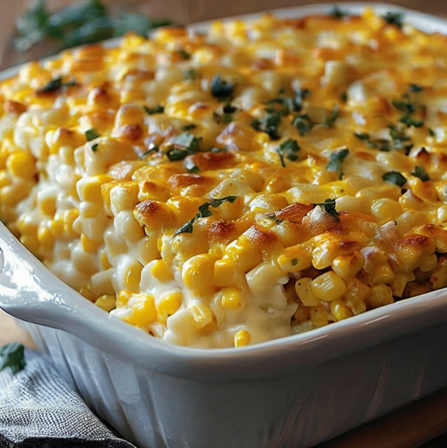 A golden-brown baked dish of creamy macaroni and corn, garnished with fresh chopped chives, ready to be served hot