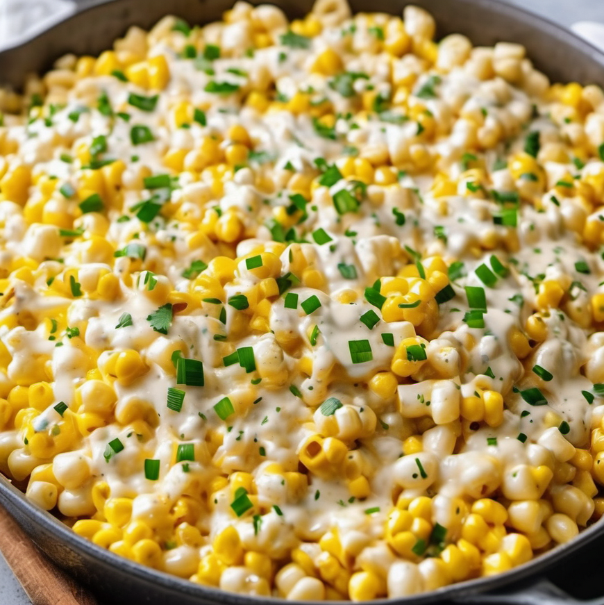 A golden-brown baked dish of creamy macaroni and corn, garnished with fresh chopped chives, ready to be served hot