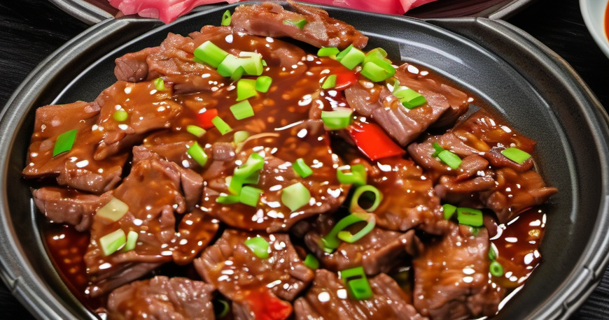 A plate of tender, juicy Chinese-style beef slices garnished with green onions, ready to be served