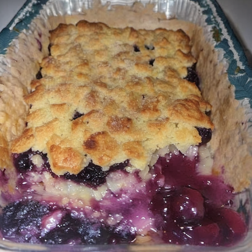 A slice of golden brown Mountain Cobbler with juicy blackberries, served warm with a dollop of whipped cream