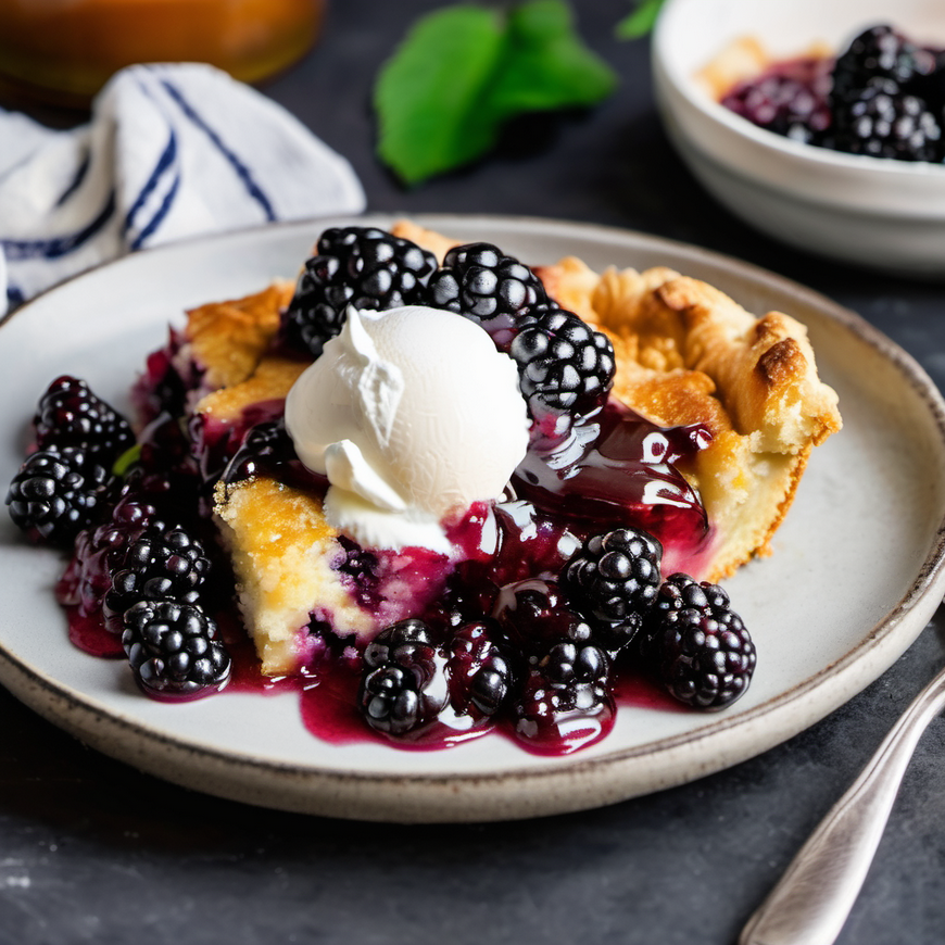 A slice of golden brown Mountain Cobbler with juicy blackberries, served warm with a dollop of whipped cream