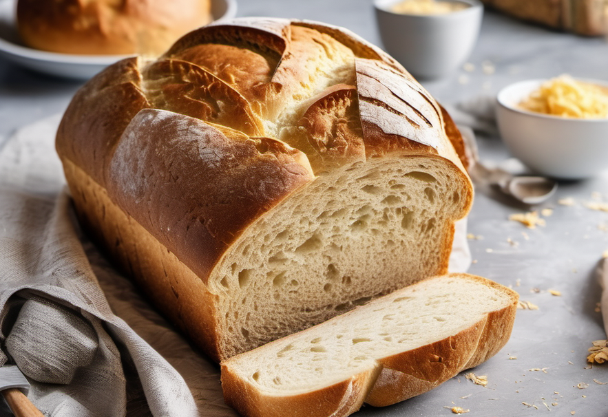 Freshly baked homemade bread loaf sliced and ready to serve, showcasing its golden-brown crust and soft interior.