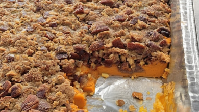 Southern Style Sweet Potato Casserole with a golden brown pecan topping, fresh out of the oven, ready to be served
