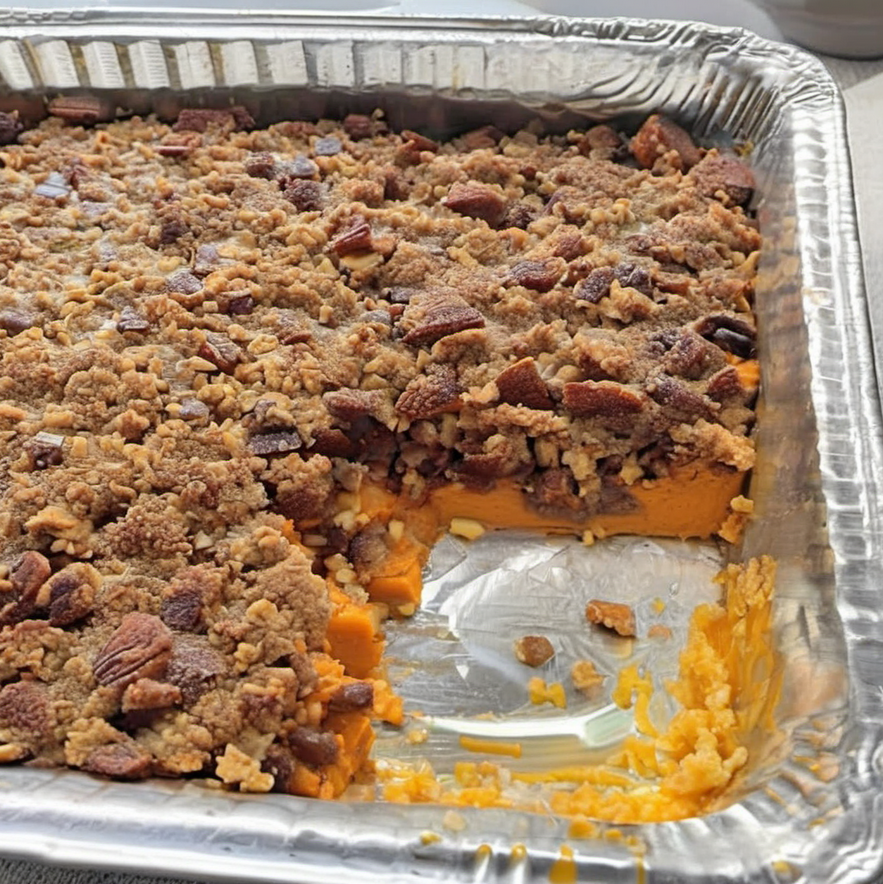 Southern Style Sweet Potato Casserole with a golden brown pecan topping, fresh out of the oven, ready to be served